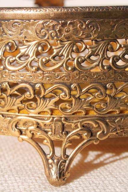 vintage Italy gold metal filigree jewelry box, large oval box for vanity dressing table