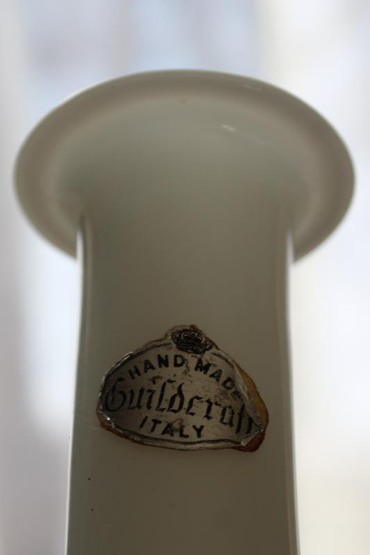 vintage Italy hand blown glass vase w/ tall mod bottle shape, white opalescent milk glass