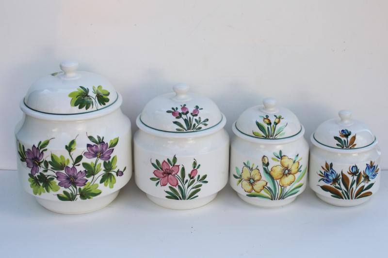 vintage Italy hand painted ceramic canisters, garden flowers Italian pottery canister jar set