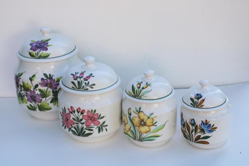 vintage Italy hand painted ceramic canisters, garden flowers Italian pottery canister jar set