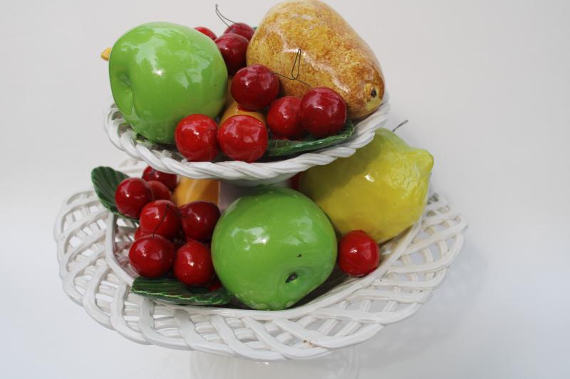 vintage Italy hand painted ceramic fruit, Capodimonte style tiered tray centerpiece