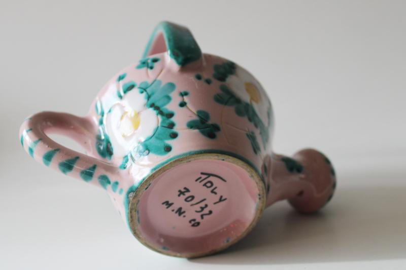vintage Italy hand painted ceramic planter, garden watering can pink & green w/ daisies!