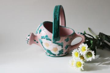 vintage Italy hand painted ceramic planter, garden watering can pink & green w/ daisies!