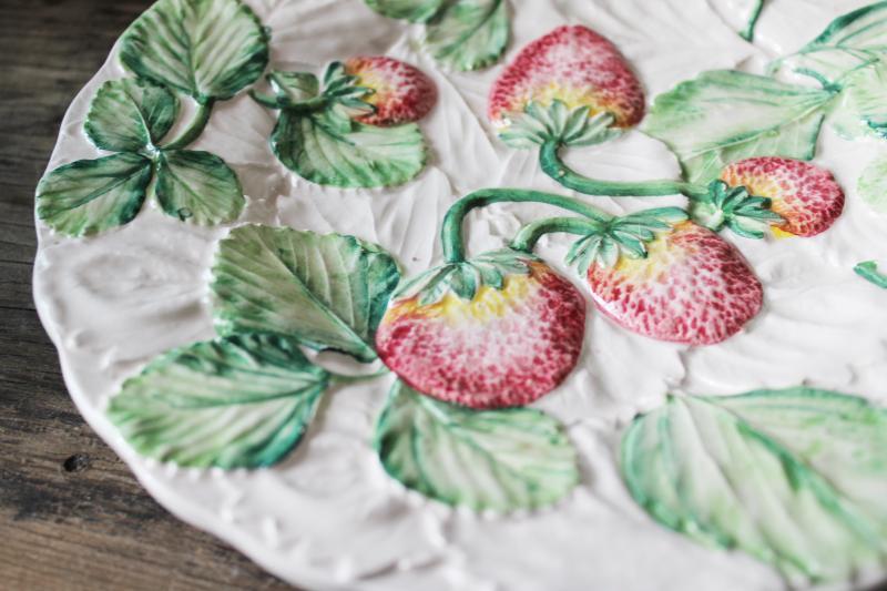 vintage Italy hand painted ceramic plates, majolica pottery style strawberries & leaves