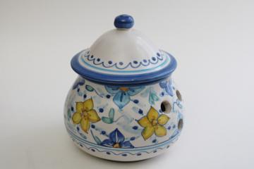 vintage Italy hand painted ceramic pot, Italian pottery garlic keeper jar w/ lid