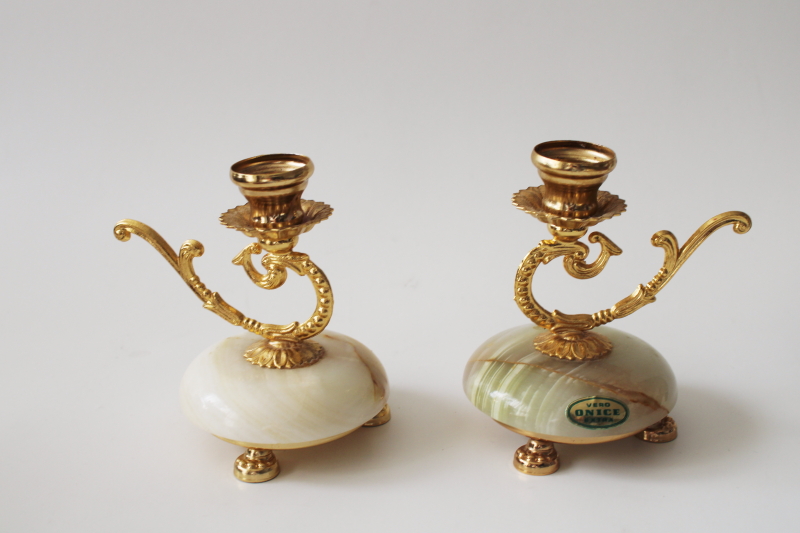 vintage Italy ormolu candlesticks, pair of small candle holders marbled onyx carved stone