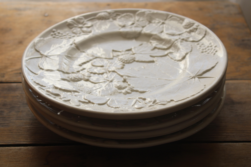 vintage Italy strawberry majolica pottery plates, embossed strawberries all white glaze ceramic