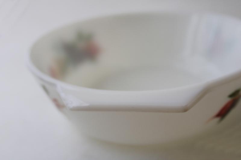 vintage JAJ Pyrex milk glass casserole bowl, Tuscany garden vegetables print