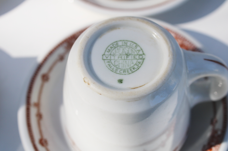 vintage Jackson china restaurant ironstone brown transferware, scroll and dot cups  saucers