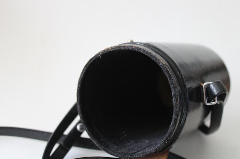 vintage Japan Canon camera lens case, worn black leather w/ shoulder