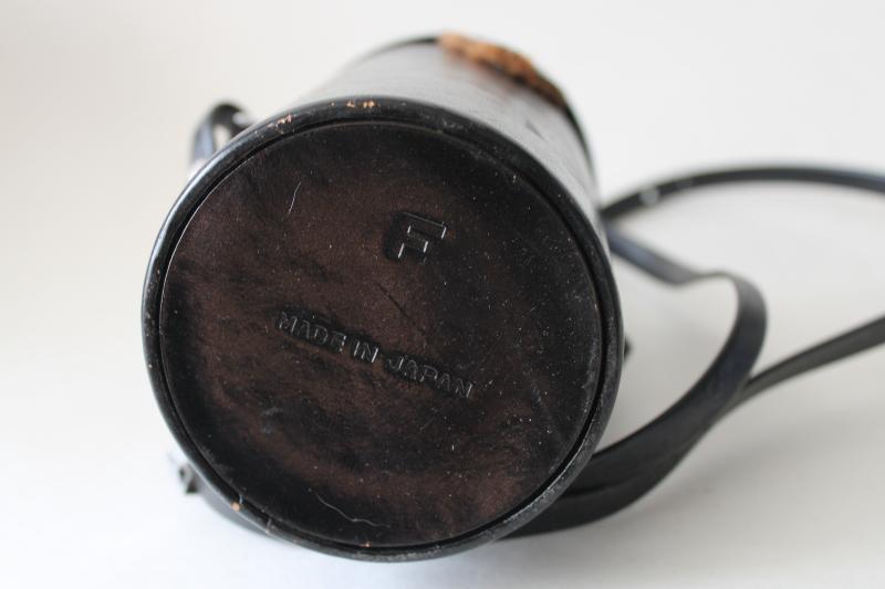 vintage Japan Canon camera lens case, worn black leather w/ shoulder bag strap