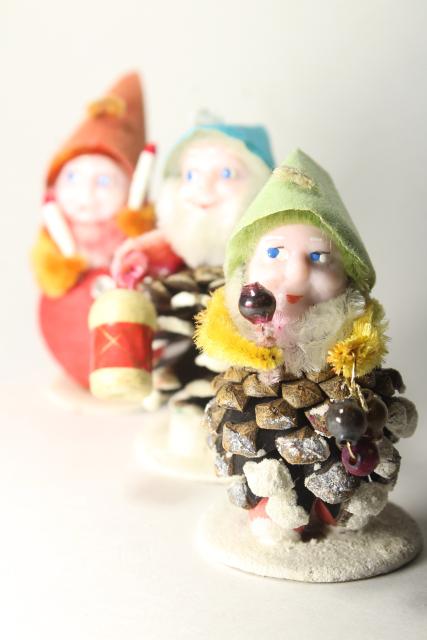 vintage Japan Christmas elf pine cone gnomes, spun cotton / chenille holiday ornaments