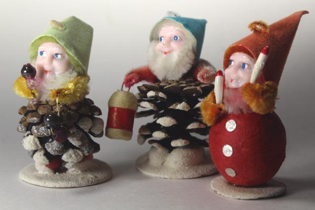 vintage Japan Christmas elf pine cone gnomes, spun cotton 