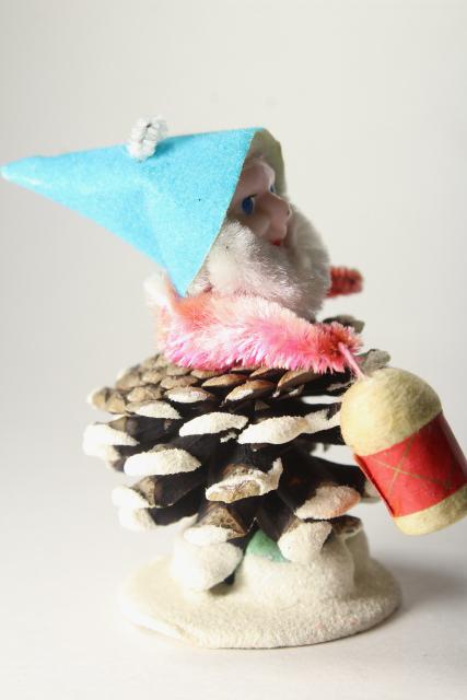 vintage Japan Christmas elf pine cone gnomes, spun cotton / chenille holiday ornaments