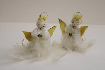 vintage Japan Christmas ornaments, chenille stem feather angel girls w/ curly hair