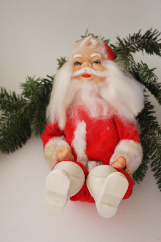 vintage Japan Christmas shelf sitter, Santa Claus doll with plastic face  boots, felt suit