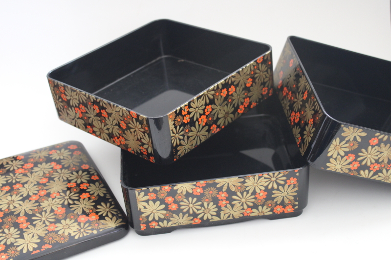 vintage Japan Jubako stacking box, lacquer ware style black w/ gold and red