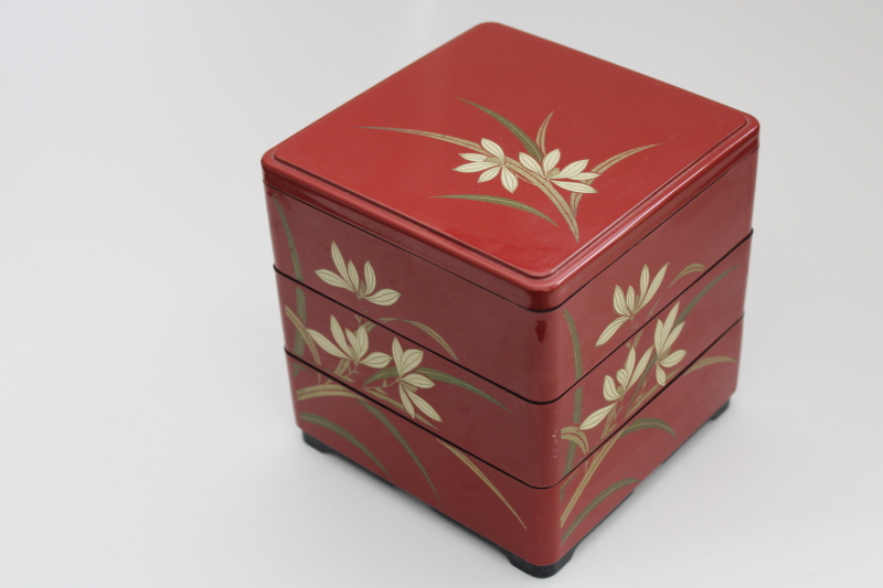 vintage Japan Jubako stacking box, lacquer ware style cinnabar red w/ gold
