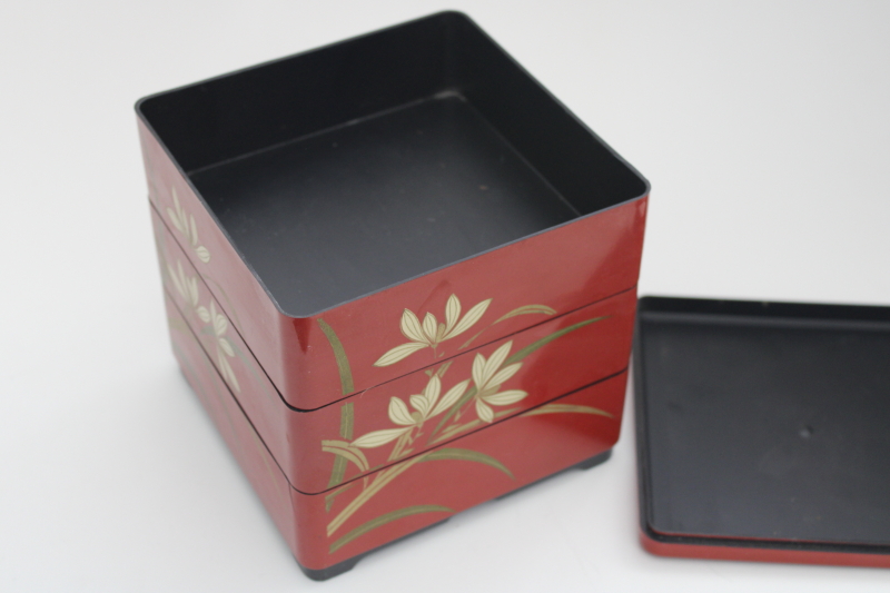 vintage Japan Jubako stacking box, lacquer ware style cinnabar red w/ gold