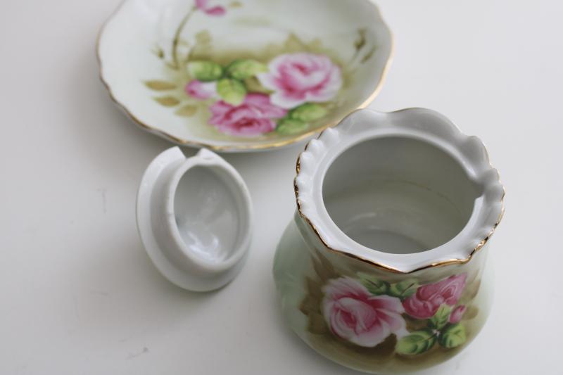 vintage Japan Lefton china Heritage green w/ pink roses jam pot & plate