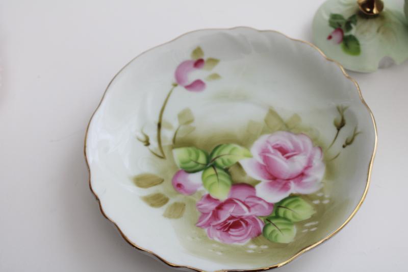 vintage Japan Lefton china Heritage green w/ pink roses jam pot & plate