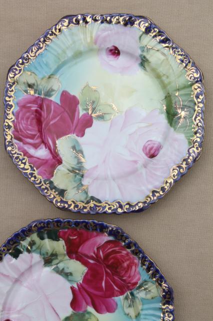 vintage Japan Nippon style hand-painted porcelain plates, tea roses china edged in cobalt blue