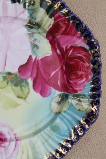 vintage Japan Nippon style hand-painted porcelain plates, tea roses china edged in cobalt blue