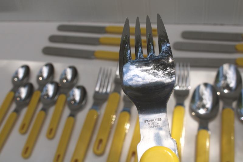 vintage Japan Oneida stainless steel flatware, Colormate yellow plastic