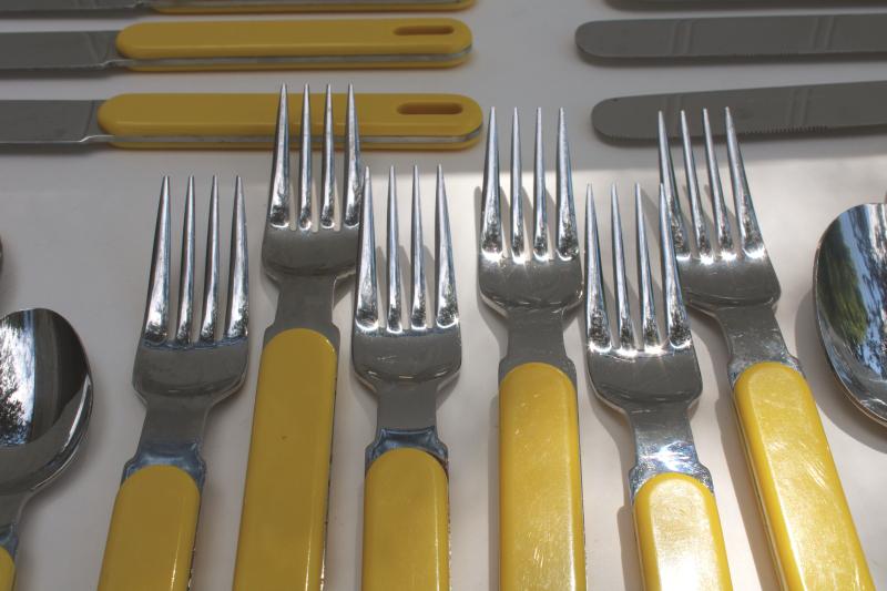 vintage Japan Oneida stainless steel flatware, Colormate yellow plastic