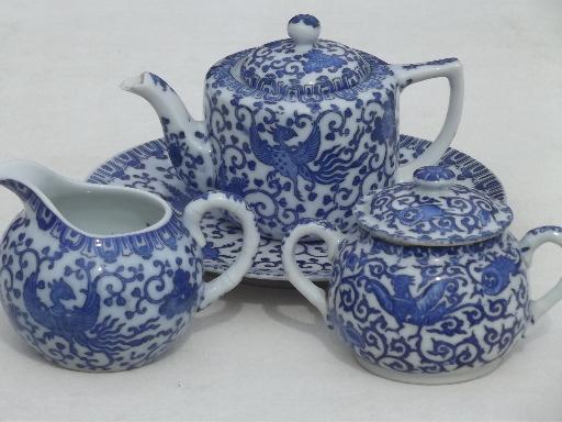 vintage Japan Phoenix ware blue & white china tea set, teapot 