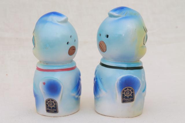 vintage Japan S&P shakers, happy blue bird chattering bluebirds salt & pepper w/ squeakers