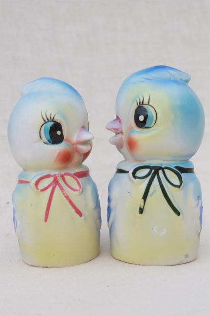 vintage Japan S&P shakers, happy blue bird chattering bluebirds salt & pepper w/ squeakers