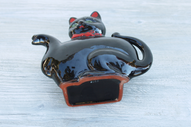 vintage Japan black cat teapot wall pocket planter, hand painted ceramic redware