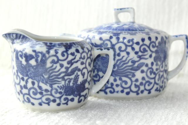 vintage Japan blue & white china cream pitcher & sugar bowl set Phoenix ware birds pattern