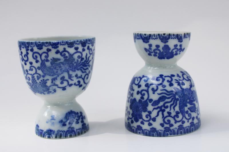 vintage Japan blue & white china double egg cups, flying turkey phoenix bird