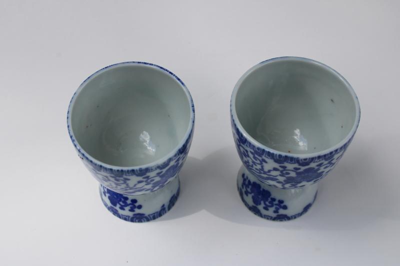 vintage Japan blue & white china double egg cups, flying turkey phoenix bird