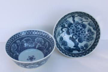vintage Japan blue & white porcelain rice or noodle bowls, ginkgo & flower