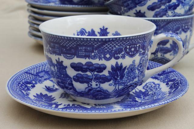 vintage Japan blue willow china teacups for 8, tea party cup and saucer sets