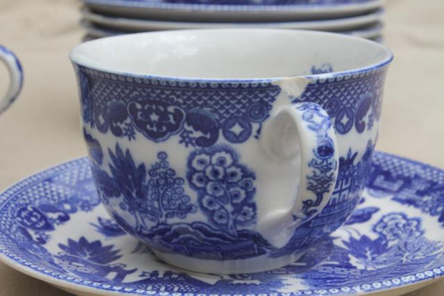 vintage Japan blue willow china teacups for 8, tea party cup and saucer sets