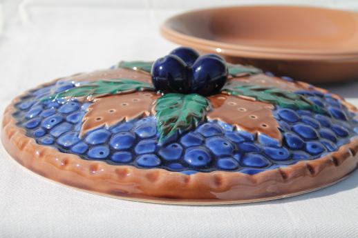 vintage Japan ceramic blue berry pie keeper, pie pan dish w/ fruit pie cover