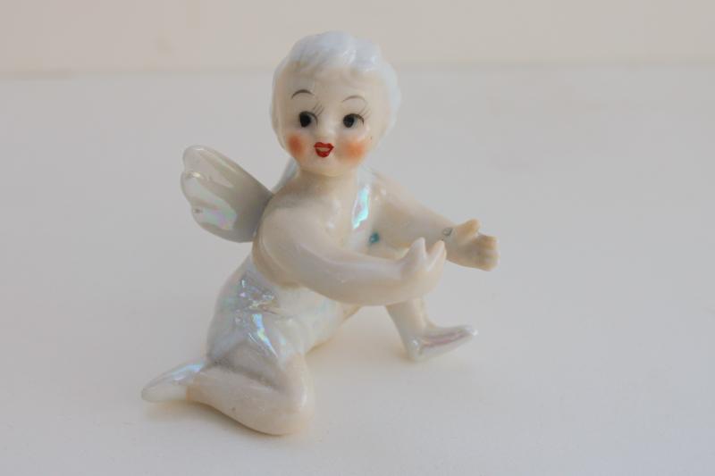 vintage Japan ceramic candle hugger figurine, Christmas ponytail girl angel pixie 