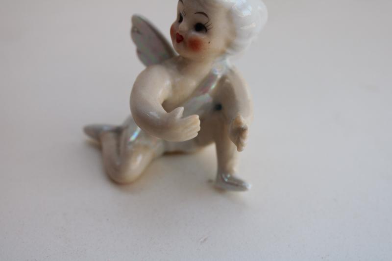 vintage Japan ceramic candle hugger figurine, Christmas ponytail girl angel pixie 