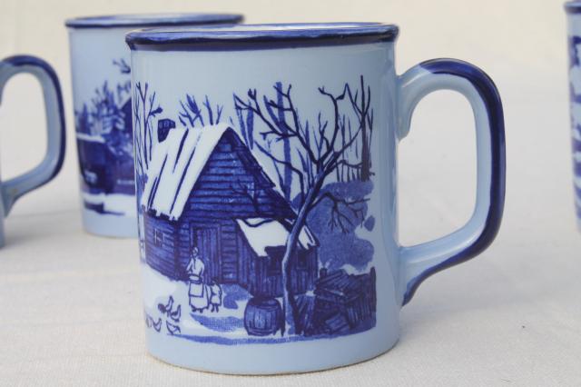 vintage Japan ceramic coffee mugs, blue & white Currier & Ives mug set