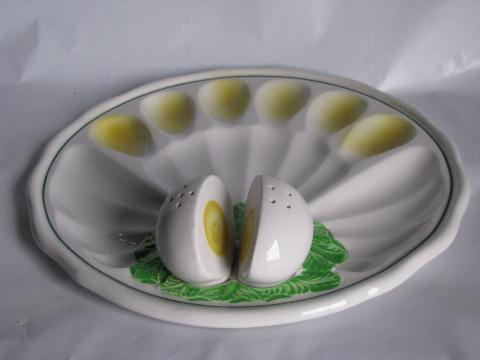 vintage Japan ceramic deviled egg plate, eggs S&P shakers