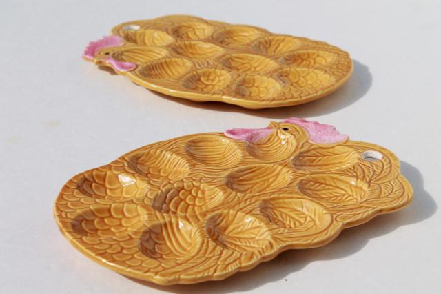vintage Japan ceramic egg plates roosters, divided trays for deviled eggs