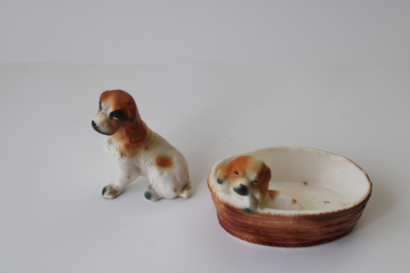 vintage Japan ceramic figurines, china spaniels, mama dog  puppy baby in basket