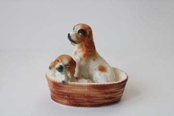 vintage Japan ceramic figurines, china spaniels, mama dog  puppy baby in basket