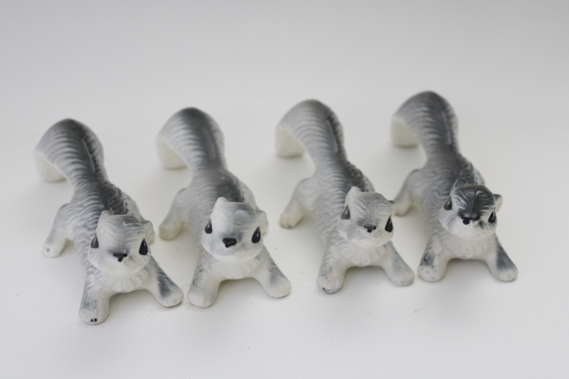 vintage Japan ceramic figurines, family of wall climber grey squirrel hanging squirrels