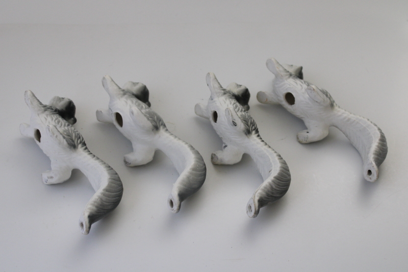 vintage Japan ceramic figurines, family of wall climber grey squirrel hanging squirrels