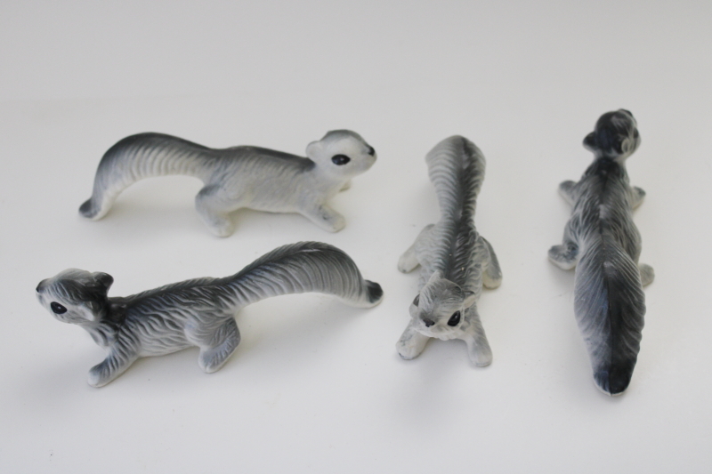 vintage Japan ceramic figurines, family of wall climber grey squirrel hanging squirrels